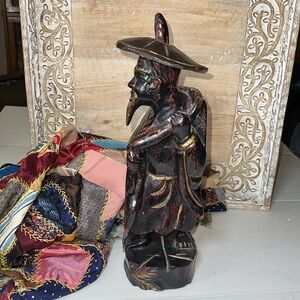 Vintage Wooden Carved Asian Fisherman Decor